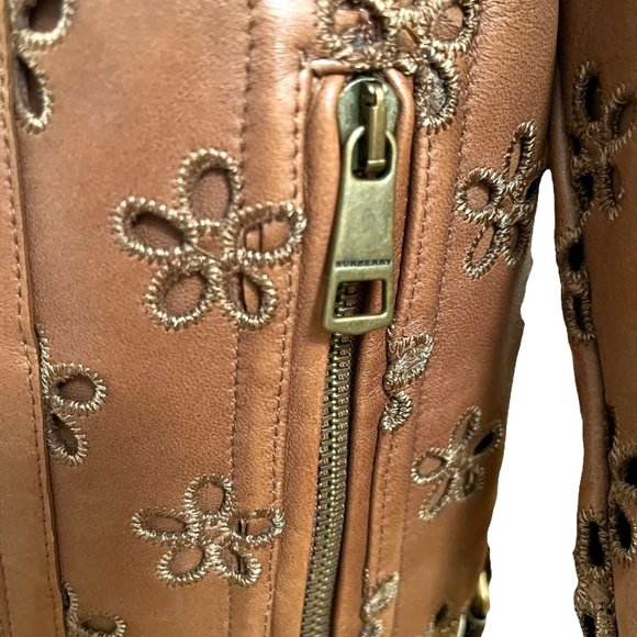 Burberry Lambskin Laser Cut Flower Perforated Motorcycle Biker Jacket Camel Sz4 - Picture 10 of 16